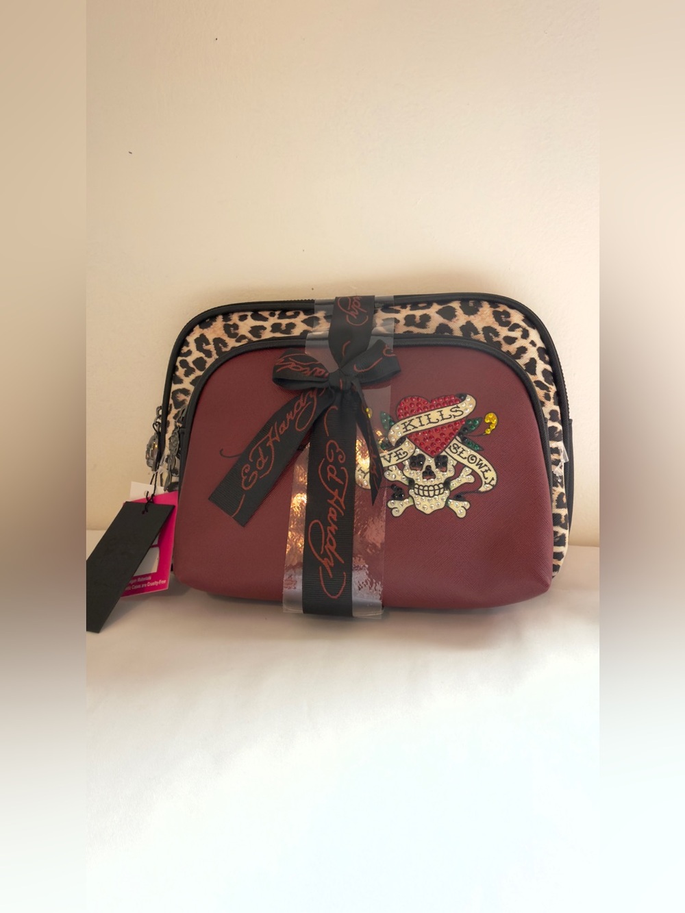 Ed Hardy Cosmetic Bag with Leopard Trim and Skull Patch 2pc Set